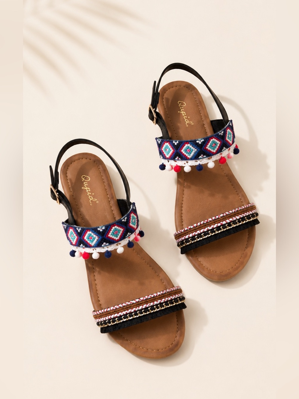 Embroidered Pom Pom black embroidered flat sandals